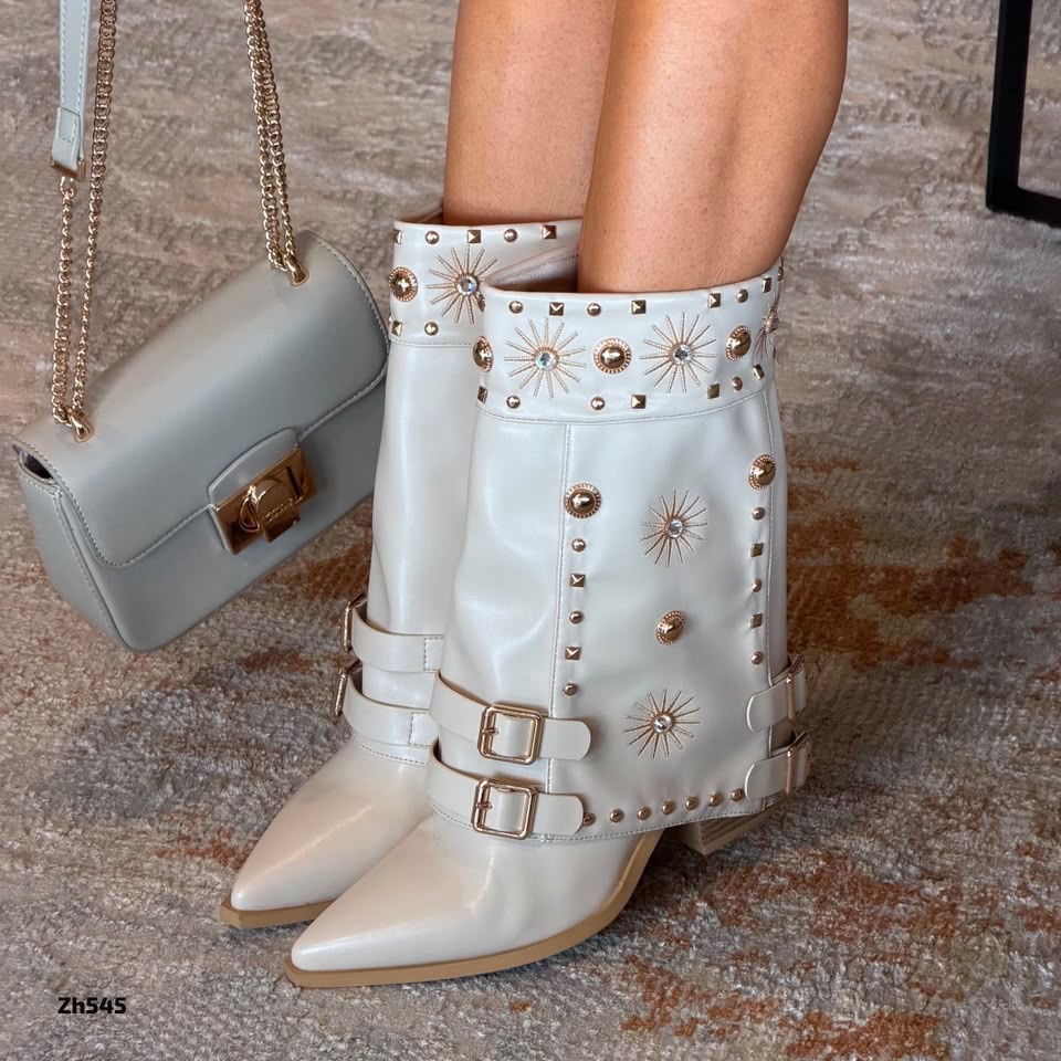 Botin texana beige doblez apliques dorado tacon 8cm HX3198-B0223